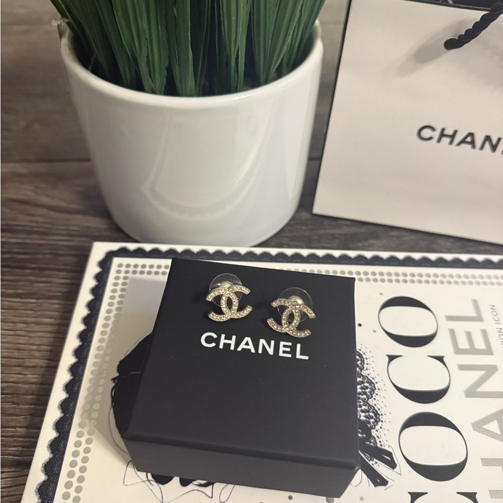 CHANEL Classic Iconic Gold CC Crystal Stud Earrings